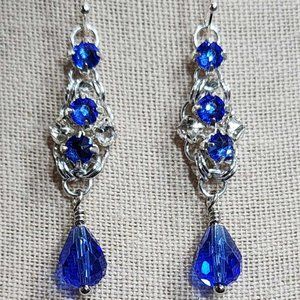 Hand Crafted "Pair of Queens" Sapphire & Crystal with Teardrop Earrings